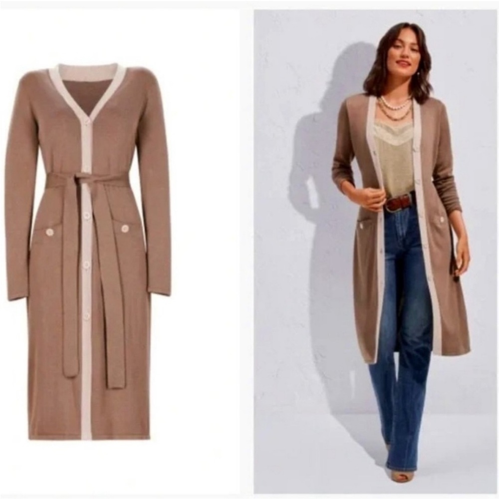 CAbi Genteel Cardigan Duster Long Sweater In Taupe with Belt Size Medium  #6161